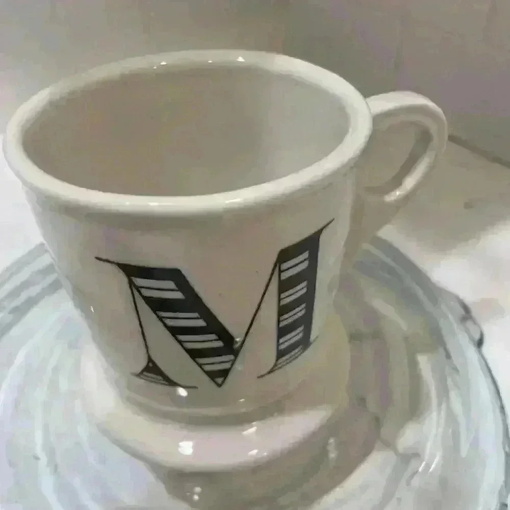 Anthropologie Coffee Mug Monogram Letter M Black White Shaving Style Cup NEW